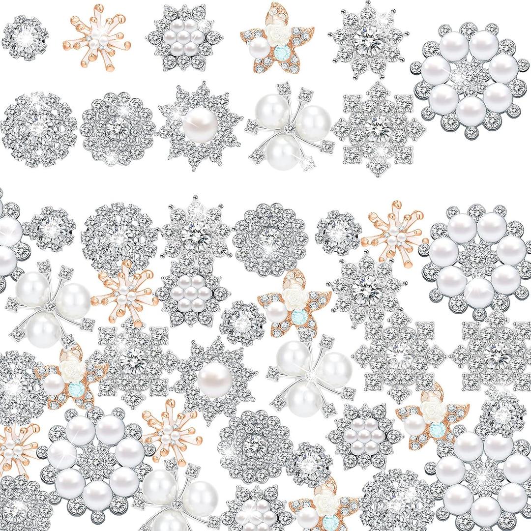 Syhood 44 Pieces 11 Styles Pearl Rhinestone Brooches Rhinestone Buttons Bulk Faux Pearl Buttons Flower Silver Gold Vintage Brooch Pins for Crafts Jewelry Making Decor DIY Women Wedding Party Accessory