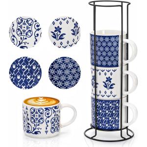 4 Pack Ceramic Coffee Mug Set with Rack, 16 OZ Stackable Cappuccino Cups with Metal Stand, Blue and White Porcelain Tea Mugs for Latte, Americano, Milk, Hot Cocoa, Beverages, Microwave Safe