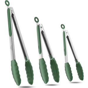 600F Heat Resistant Kitchen Tongs, Premium Locking Cooking Tongs with Silicone Tips, Non-Slip Food Tongs for Cooking, Non-Stick, Heavy Duty Stainless Steel Handle, Set of 3-7" 9" and 12" Turquoise