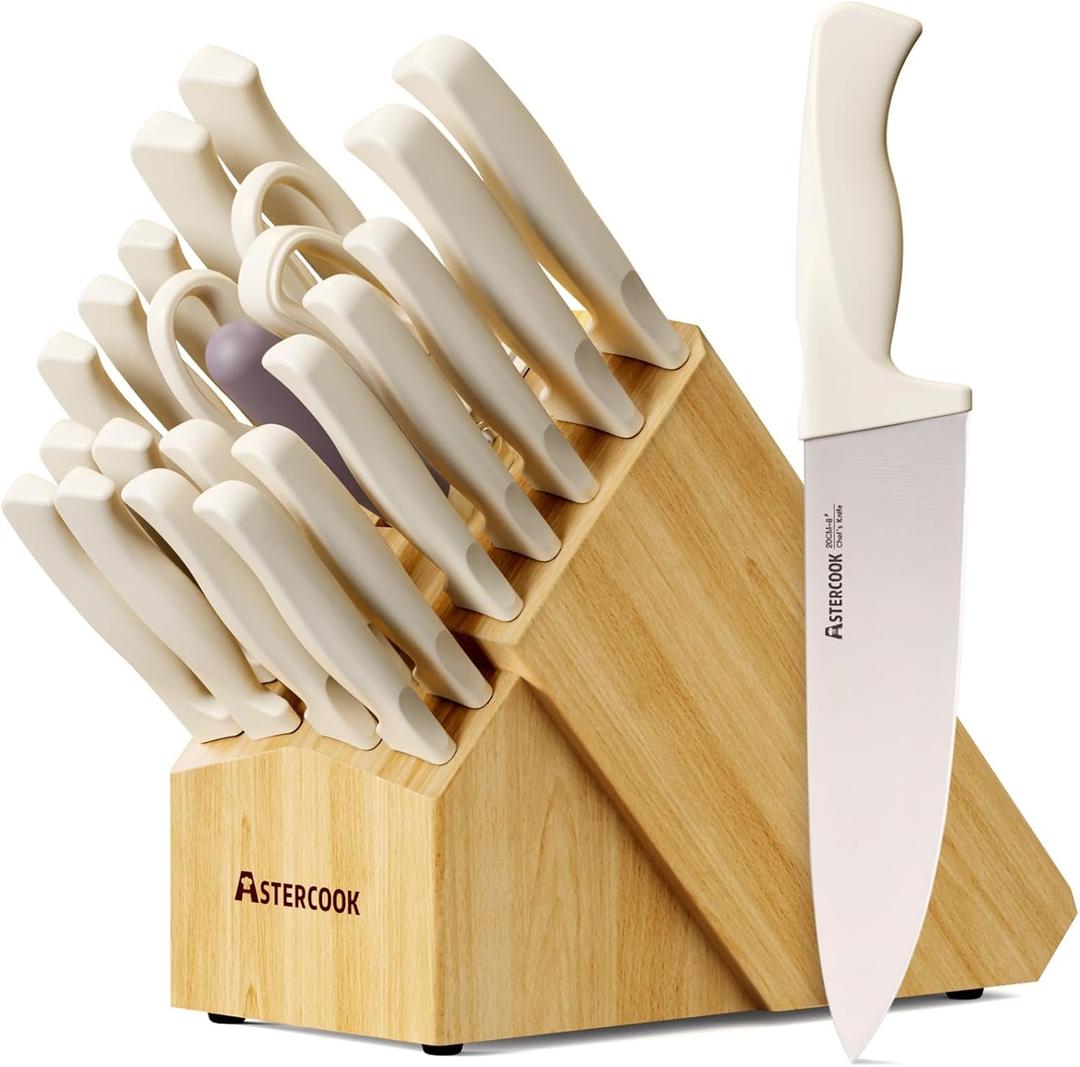 Knife Set, Astercook 22-Piece Kitchen Knife Set with Block & Built-in Sharpener, Ultra-Sharp High Carbon Stainless Steel Knives, Dishwasher Safe, Ergonomic Anti-slip Handle, Valentine's Gift