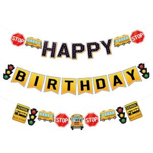 Hooqict School Bus Happy Birthday Banner Yellow Bus Birthday Party Banner for Kids 1st 2nd 3rd Garland Sign Party Decorations Back to School Party Supplies