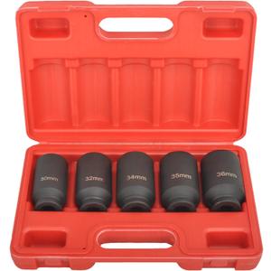 BATONECO 1/ 2" Drive Impact Socket Set, 12 Point Axle Nut Socket Set of 5PCS, 30mm, 32mm, 34mm, 35mm, 36mm, CR-MO, Heavy-duty Deep Socket Set with Portable Case, Red