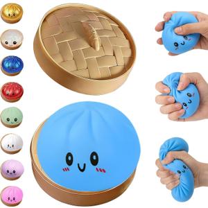 Glitter Dumpling Squishy,Dumpling Squishies,Glitter Dumpling Mystery Box,Colorful Dumpling Stress Balls Fidget,Jumbo Squishy Toy with Steamer Box,Soft Squeeze Decompression Dough (Blue)