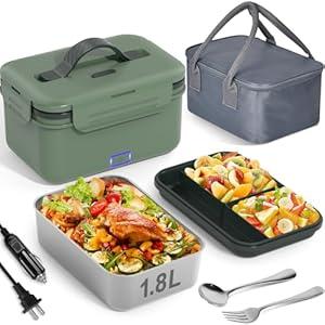 Vabaso Electric Heated Lunch Box for Adults, 100W Portable Food Warmer for Car/ Truck Home/ Work, Heating Lunchbox with 1.8L/ 61oz Stainless Steel Container, 12V/ 24V/ 110V