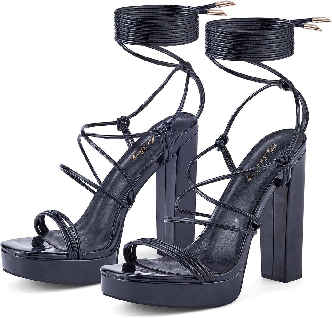 Elisabet Tang Women's Strappy Heeled Sandals, 5 inch Platform Heels Chunky Lace up High Heels Open Toe Party Shoes (7, Black Patent)