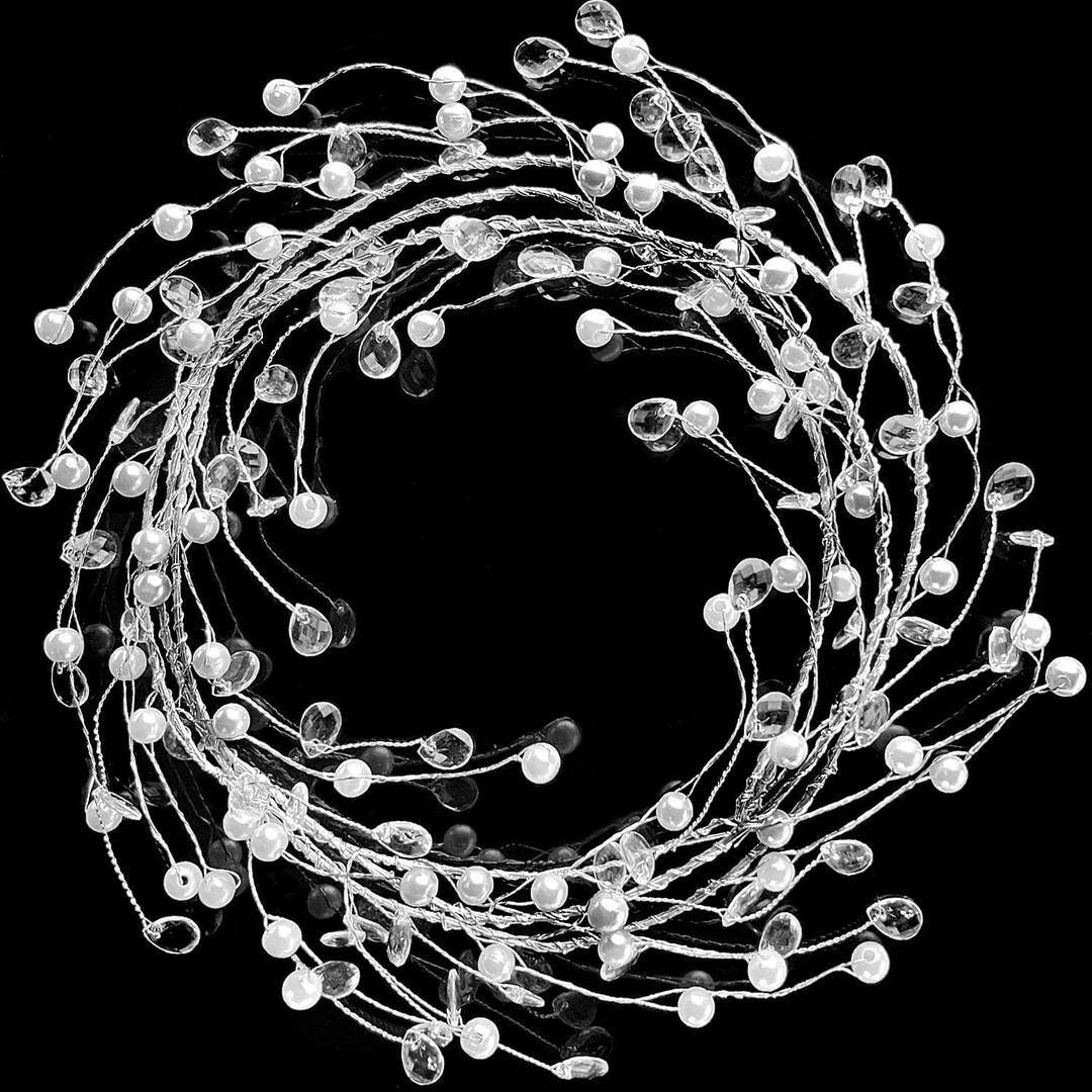 Jishi 20 FT Ice Wire Clear Garland, White Pearl Crystal Teardrop Beads Ornament Christmas Tree Decorations, Acrylic Plastic Diamond Jewel String Branch Garland Strands for DIY Wreath Crafts