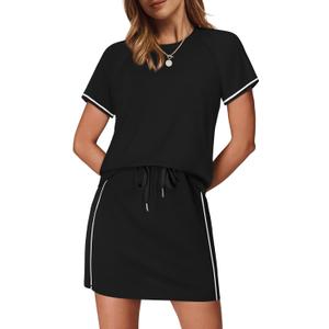 Sampeel 2 Piece Sets for Women Skirt Sets Summer Outfits Womens Clothing Set Travel Workout Skort Sets (Black, XL)