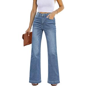 Womens Flare Jeans High Waisted Wide Leg Baggy Jean for Women Stretch Denim Pants, Large 