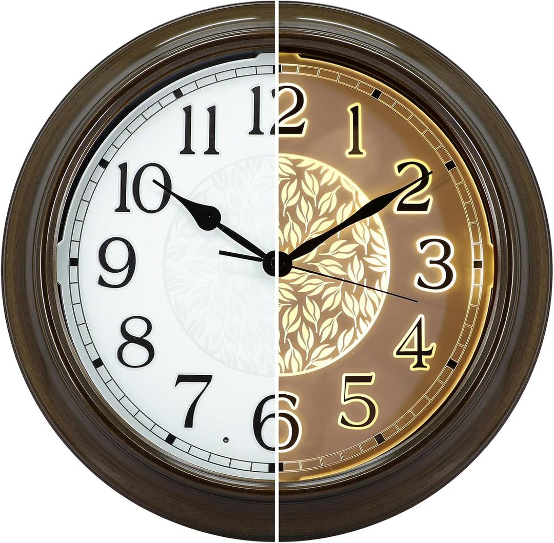 LOMANDA 15 Inch Large Illuminated Outdoor Indoor Wall Clock, Silent Battery Operated Night Light Wall Clocks with Smart Sensor for Bedroom, Patio, Pool, Living Room, Kitchen, Home Office, Bronze