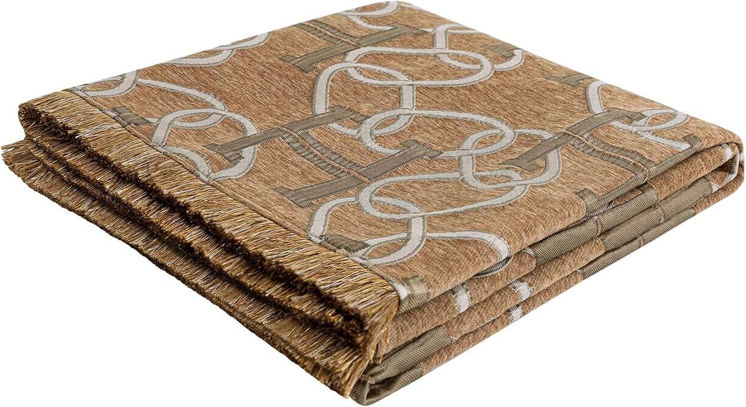 Modern Letter H Throw Blanket for Couch, Luxury Chain Pattern Jacquard Weighted Blanket with Fringe, Chenille Soft Cozy Blanket for Sofa Bed Living Room Chic Home Decor(52x 72, Light Brown)