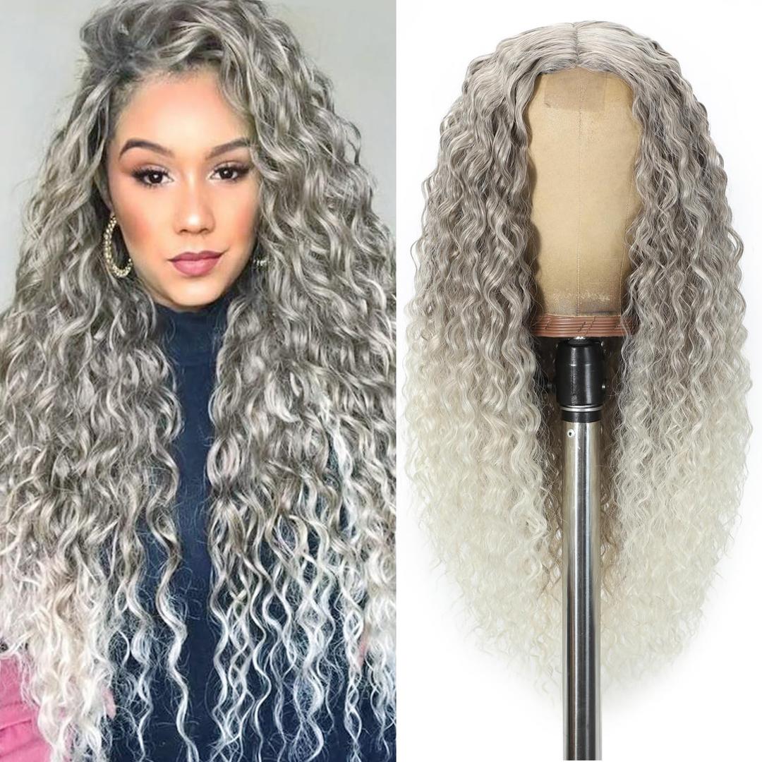 Curly Wig for Women Long Ombre Gray Blonde Curly Wigs 26inch Synthetic Middle Part Wig Natural Looking Hair Replacement Curly Wigs for Daily Party Use Halloween Wig