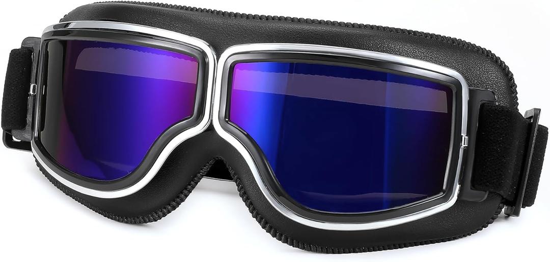 FEISEDY Motorcycle Goggles Vintage Anti Fog Pilot Style Leather Riding Glasses Safety Sport Eyewear B0046 (Black Frame/Blue Mirrored Lens)