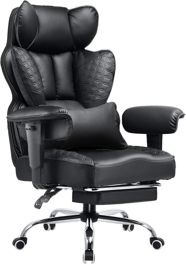 COMHOMA Big and Tall Office Chair Heavy Duty Wide Ergonomic Gaming Chair with Deluxe Embossing Designed Leather with Foot Rest,150Reclining Adjustable Armrests Pocket Spring Back Support and Pillow (03-space Black)