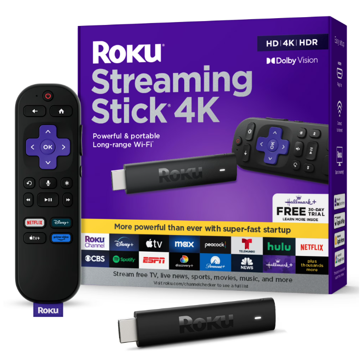 Roku Streaming Stick 4K - HDR & Dolby Vision Roku Streaming Device for TV with Voice Remote & Long-Range Wi-Fi - Free & Live TV