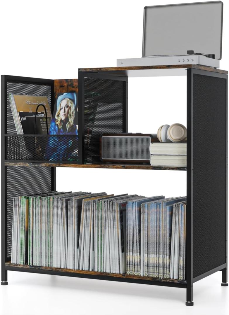 Buruis Large Record Player Stand with Vinyl Storage, 3-Tier Record Storage for 300 Albums, Wood & Metal Turntable Stand with Custom Dividers for Vinyl Records, CDs, Albums, Black