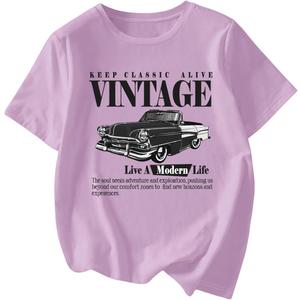 Women's Graphic Letter Tee Crew Neck Drop Shoulder Trendy Summer T Shirt Short Sleeve Vintage Car Print Top (Purple, L)