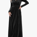OUGES Women's Long/Short Sleeve V-Neck Wrap Waist Maxi Dress M Black