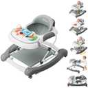 5-in-1 Foldable Baby WalkerMusic and Lights Baby Walker with Wheels,Height Adjustable Infant Walker, with Activity Center, Rocker, Bouncer,Push Walker & Feeding Tray for Babies 6-18 Months (Gray)