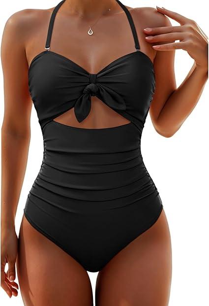 Tempt Me Women Sexy Cutout One Piece Swimsuits Tummy Control High Waisted Halter Front Tie Knot Bathing Suit  (Small, Black)