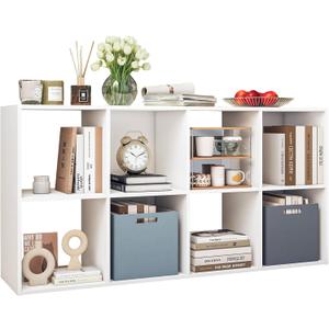 8 Cube Storage Organizer Bookcase, Wooden Freestanding Bookshelf with Open Storage Compartments, Sturdy Thick Panels, Easy Assembly, for Living Room Bedroom Office, White