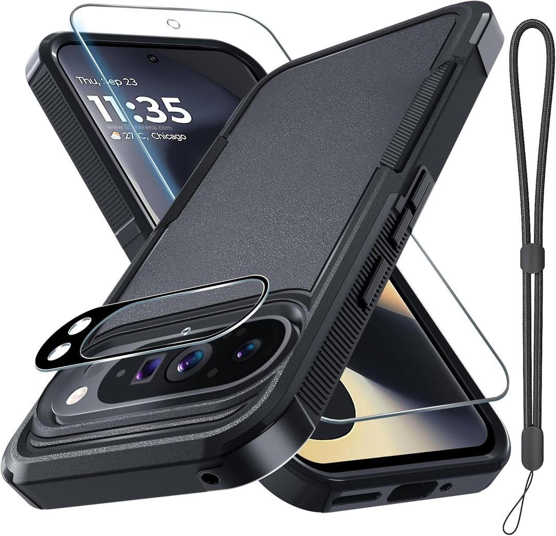 RMOCR Case for Google Pixel 9 Pro XL, Full Body Heavy Duty Rugged Shockproof Protective Phone Cover with Lanyard Strap, Tempered Glass Screen Protector and Camera Lens Cover, Black Matte