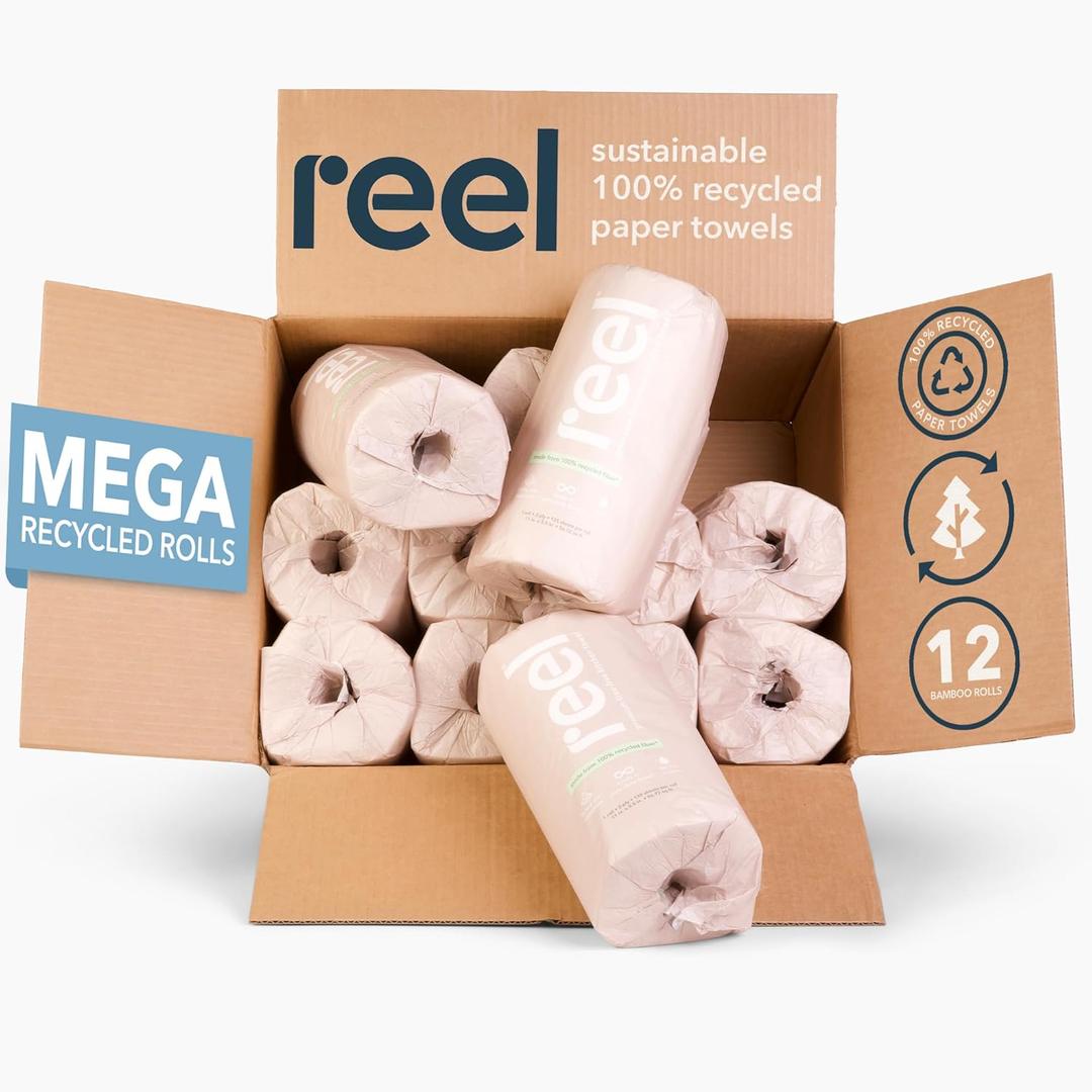 Reel Premium Recycled Paper Towels- 12 Rolls, 2-Ply Made From Tree-Free, 100% Recycled Paper - Eco-Friendly, Hypoallergenic and Zero Plastic Packaging
