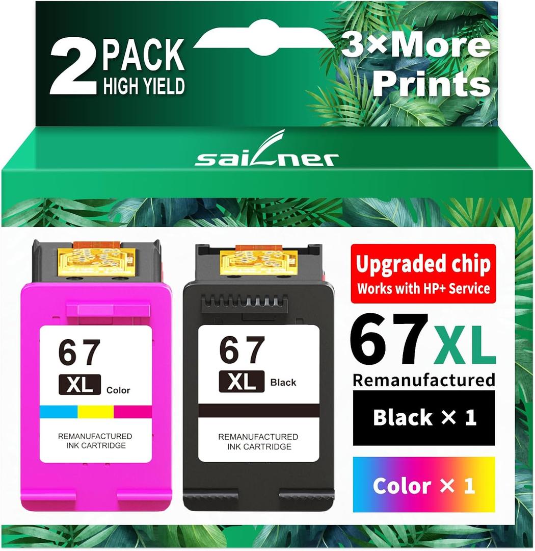 SAILNER 67XL Ink Cartridges Black/Color Combo Pack Replacement for HP Ink 67 HP67XL (2-Pack High Yield) Compatible with HP DeskJet 2755e 2855e 2700e 4155e 2734e 2827e 4100e Envy 6055 6455e Printer