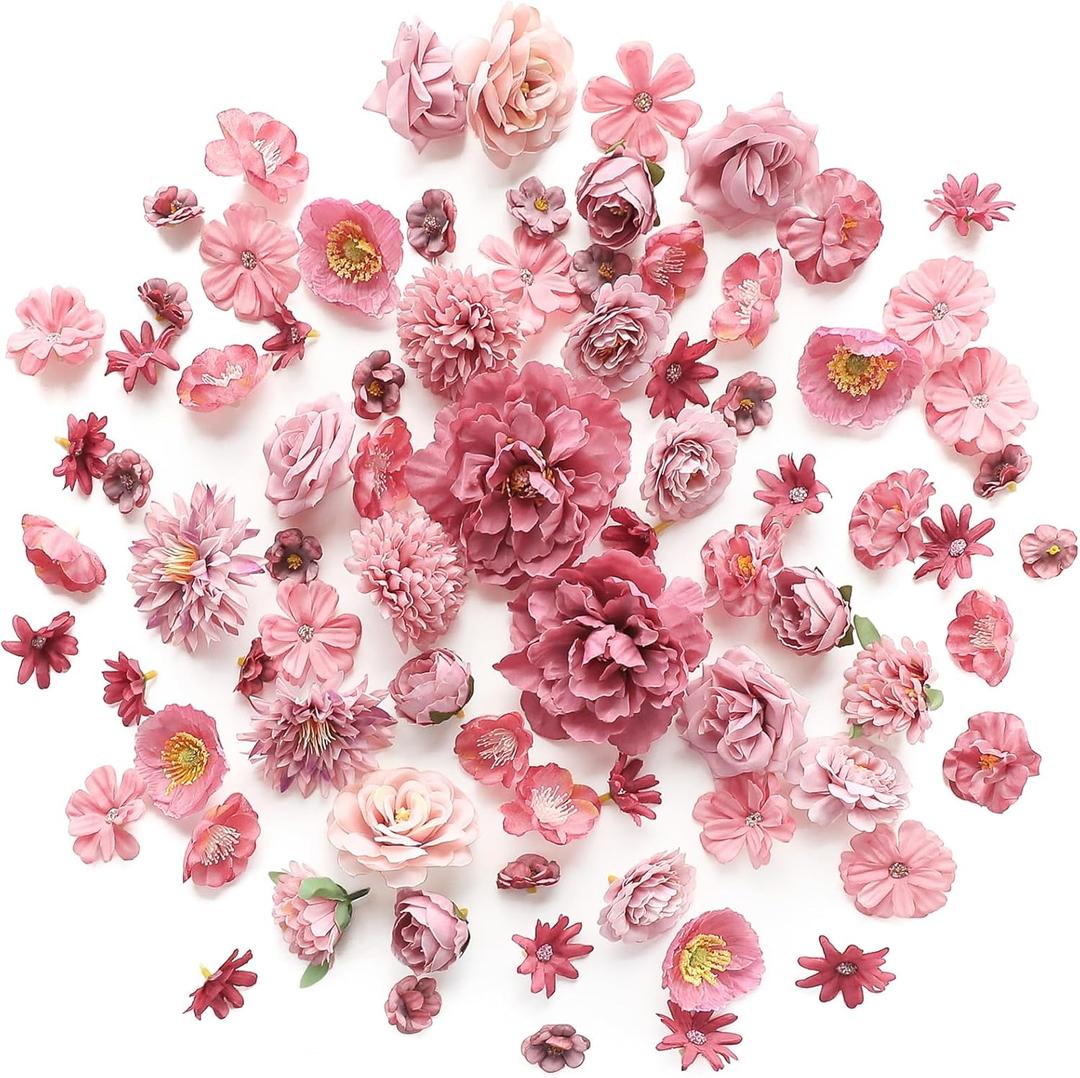 Floroom Mini Artificial Flower Heads Dusty Rose Fake Peony Daisy Rose Multicolor Small Faux Silk Flower Heads for Cake Craft Garland Wedding Party Graduation Cap DIY Home Decoration, 0.8"-3.6"