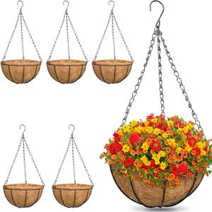 ZeeDix 6 Pack 12 Inch Metal Round Hanging Planter Basket with Coconut Liners Replacement, Hanging planters Baskets with Natural Coco Liner for Outdoor Indoor Planters Flowers Vegetables
