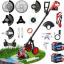 6000mAh Electric Weed Eater Battery Powered,12 Brushless Electric Weed Wacker Cordless Wheeled String Trimmer,4 in 1 Grass Trimmer/Brush Cutter/Grass Edger/Weed Trimmer 5 Blade, 2 Battery (Red)
