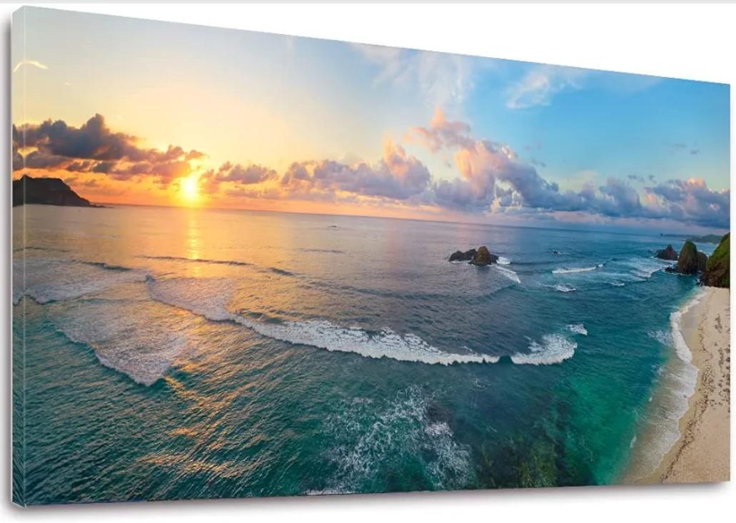 Large Ocean Sea Waves Sunset Canvas Wall Art Landscape Artwork Canvas Print Framed Picture Painting for Office Home Decor Bedroom Decor- 60x30inch