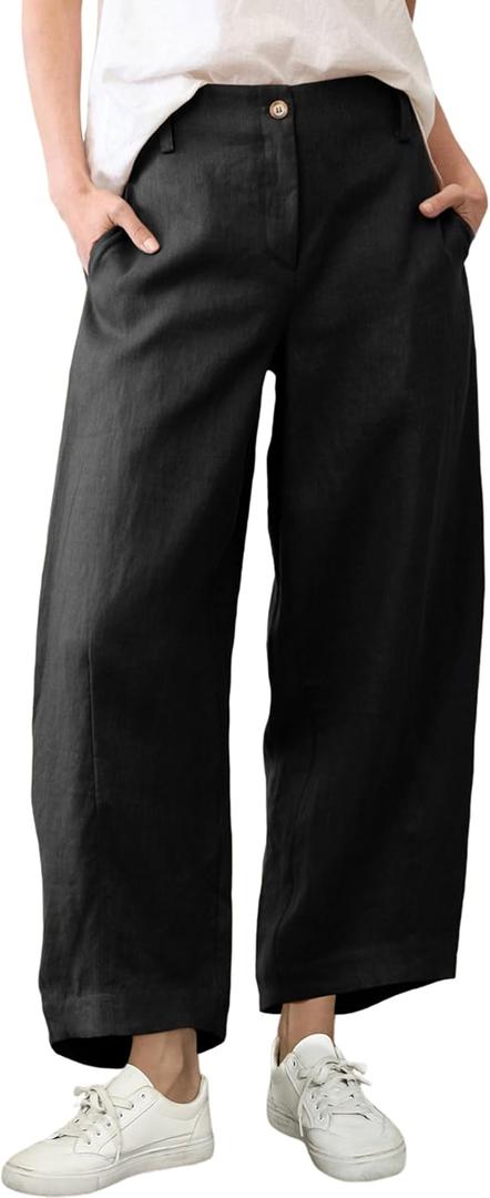 Xiaoxuemeng Linen Pants Women Wide Leg Capri Beach Pants Elastic Waisted Baggy Linen Trousers, XL
