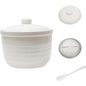 Ceramic Bacon Grease Container with Stainless Steel Strainer,Cooking Oil Storage Can 17oz(White), Medium