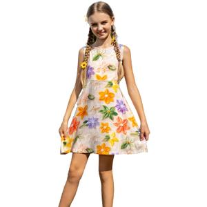 3 x RONGTAI Girls Sleeveless Dress Round Neck 5D Floral Printed Sundress for Casual Party Beach Little Girl 2-12 Years (4-5T)
