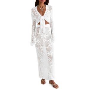 Saodimallsu Womens Crochet Swimsuit Cover up Beach 2 Piece Swimwear Set | Bathing Suit,Crochet Sets,V Neck,Bikini Coverup,Long Sleeve,Pants,Maxi Dress,Skirt,Resort Wear,Sheer,Wrap,Tie,Crop, Boho, Medium