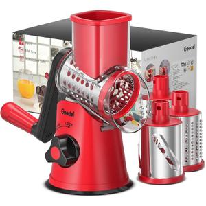 Geedel Rotary Cheese Grater, Kitchen Mandoline Vegetable Slicer with 3 Interchangeable Blades, Easy to Clean Grater for Fruit, Vegetables, Nuts (Red)