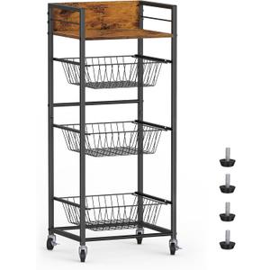 Shinoske 4-Tier Fruit Basket for Kitchen Rolling Storage Cart on Wheels with Pull-Out Baskets and Wooden Top for Living Room,Bathroom,Pantry,Corner,Rustic Brown