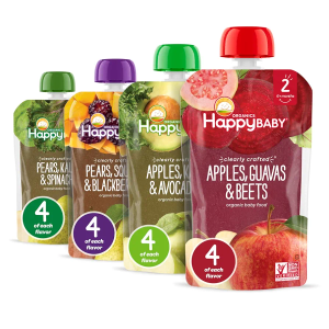 Happy Baby Organics Stage 2 Baby Food Pouches, Gluten Free, Vegan & Healthy Snack, Clearly Crafted Fruit & Veggie Puree, Fruit & Veggie Variety Pack, 4 Ounces (Pack of 16), BB 03 May 2025