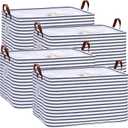 Hinwo 70L Extra Large Storage Bins, 4-Pack Closet Organizers and Storage, Foldable Clothes Storage Baskets with Handles, Containers for Clothing, Blanket, Comforters, Toys, Bedding (Navy Stripe)