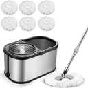 Spin Mop Bucket System Stainless Steel Bucket and Mop Set with 6 Microfiber Replacement Head Refills, Floor Mop with 4 Wheel