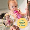 The First Years Squeeze & Sip Toddler Straw Cups - Squeezable Transition Sippy Cup with Silicone Straw - Toddler Feeding Supplies - Yellow/Pink/Orange - 7 Oz - 3 Count - Ages 6 Months and Up