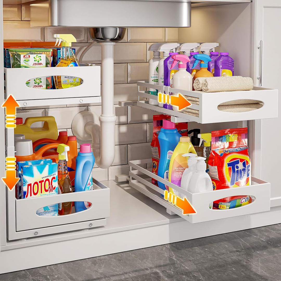 Under Sink Organizer, Pull Out Cabinet Organizers, Slide Sink Steel Shelf Cabinet Storage Shelves, Under Sink Storage for Kitchen Bathroom Cabinet (White, 2 Pack)
