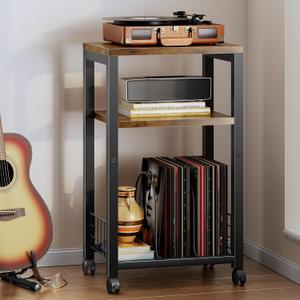 Small Side Table, 3 Tier Moveable Small End Table, Record Player Stand with Records Shelf, Tall Nightstand for Bedroom, Living Room, Sofa, Office, Bathroom (Vintage Brown)