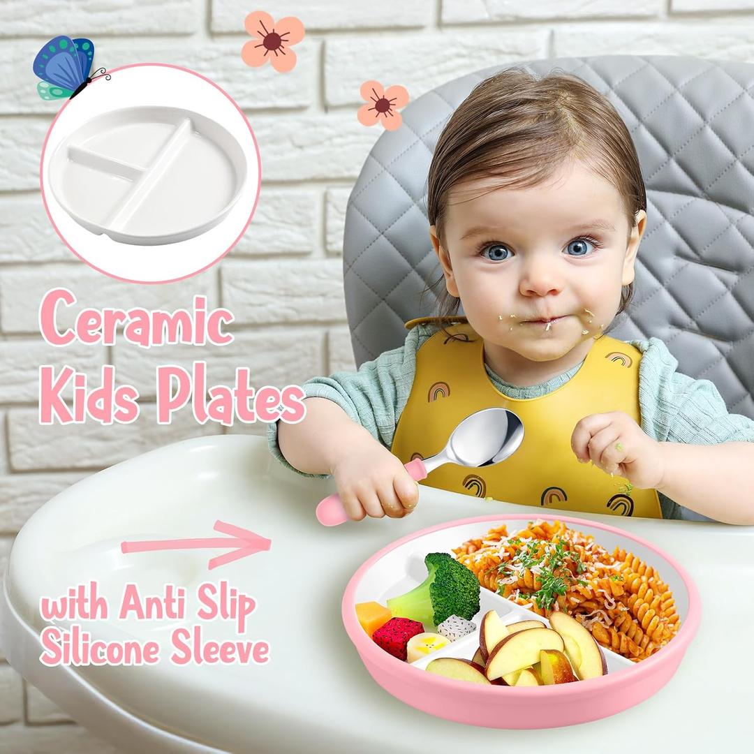 8" Large Porcelain Toddler Plates Feeding Set, Ceramic Kids Suction Plates with Anti Slip Silicone Sleeve for Baby 3 Spoons and Forks Divided Kids (Pink)