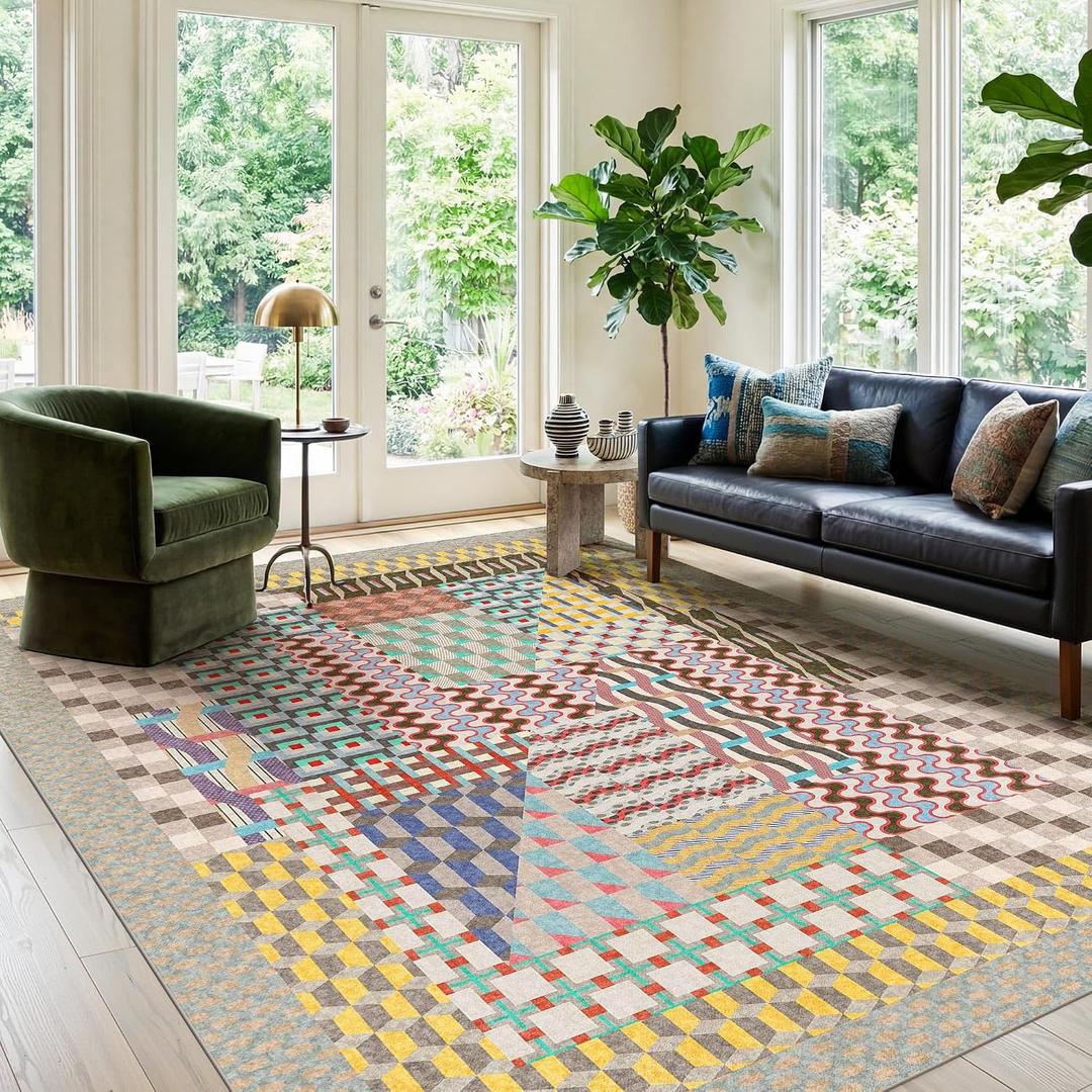 Kokia 8x10 Modern Geometric Washable Area Rug, Non-Slip Stain-Resistant Low Pile Rug for Living Room, Bedroom, Dining Room, Multicolor Bauhaus Grey