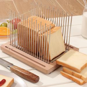 Bread Slicer, Stainless Steel Bread Slicer for Homemade Bread,Adjustable Bread Slicing Guide with Beechwood Bread Cutting Board for Loaf,Bagels & Baguette, Durable and Stable Wooden Structure
