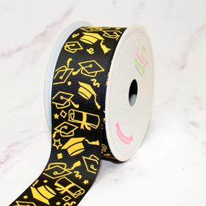 Grosgrain Graduation Decorative Ribbon, Black with Gold Caps and Diplomas Pattern, 1.5 inches Wide, 10 Yards