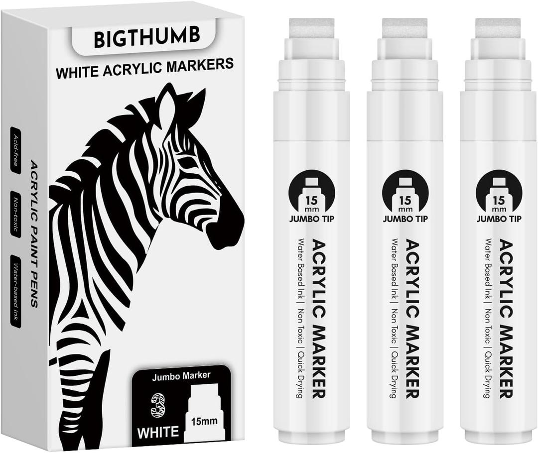 Thick White Jumbo Poster Markers: 3 Pcs 15mm Wide Tip Large Acrylic Paint Pens Big Permanent Markers Calligraphy Marker for Rock Painting, Sign, Canvas, Glass, Wood, Ceramic