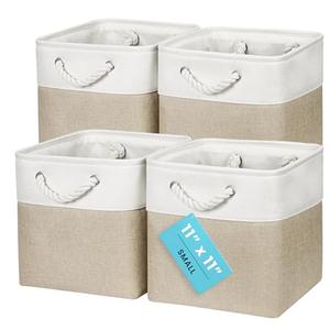 OrganiHaus 11x11 Cube Storage Bins 4 Pack, Foldable Cube Storage Organizer w/ Rope Handles, Collapsible Fabric Bins for Toys, Clothes & Closet Organization, Fabric Square Baskets - Beige/White