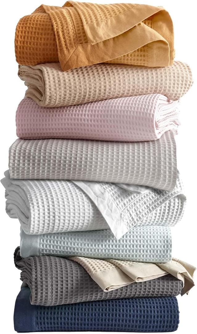 100% Cotton Blue Blanket King Size for Bed - Breathable and Soft, Waffle Weave for Summer Spring, 102x90 Inches (Pale Blue)